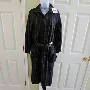 Dixie Black Striped Button Down Long Sleeve Dress With Belt Size Small